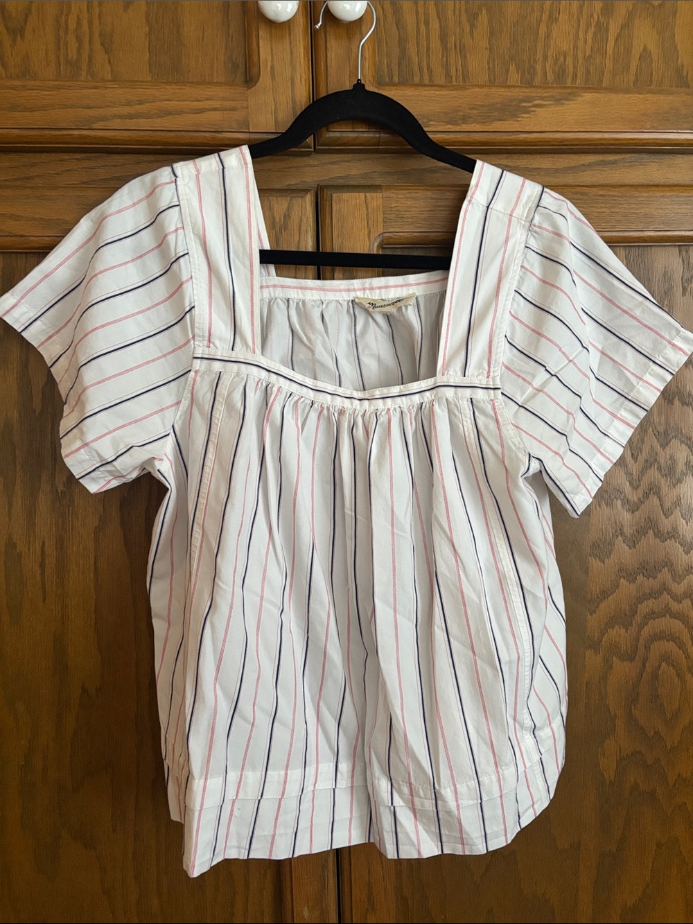 Madewell White Square-Neck Blouse with Navy and Pink Stripes